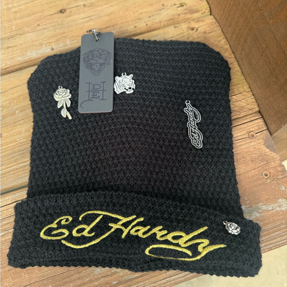 Ed Hardy Black Knit Beanie with Yellow Embroidered Logo